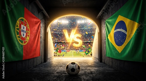 Portugal vs Brazil football championship match, soccer ball on field tunnel entrance, And, World Cup 2026, World Cup, FIFA World Cup 2026, Football final 2026, Football Grand Final, Final Match VS