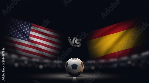 American and Spanish soccer teams compete, United States vs Spain flags with ball, And, World Cup 2026, World Cup, FIFA World Cup 2026, Football final 2026, Football Grand Final, Final Match VS