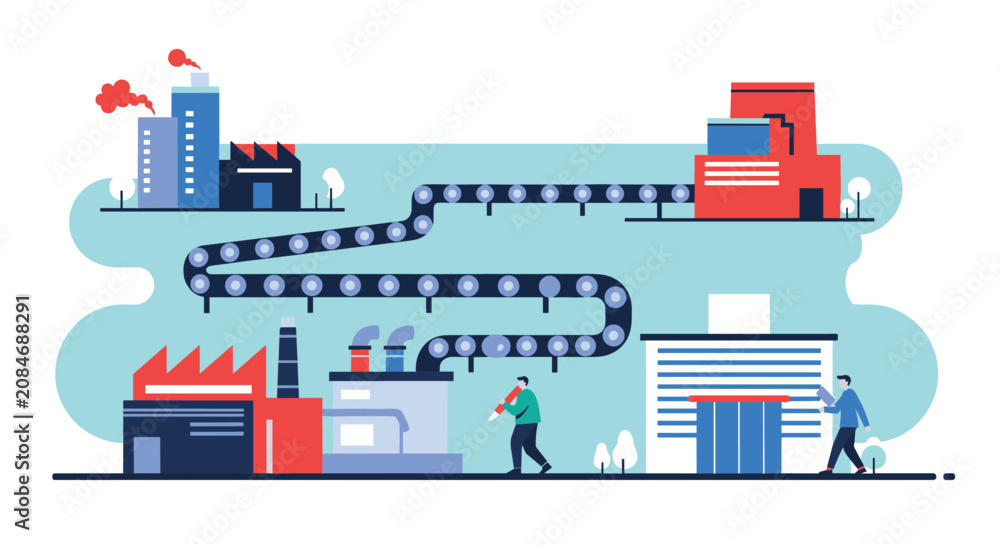 Obraz premium Modern automated factory production process showing a conveyor belt system, warehouses and workers on the line.