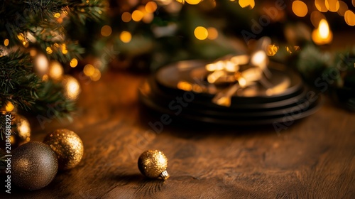 Festive Christmas table setting with golden baubles and warm bokeh lights