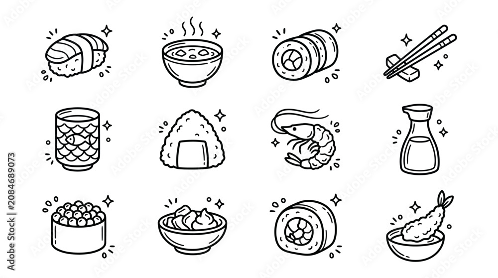 Fototapeta premium Food icons sushi rolls and dishes.