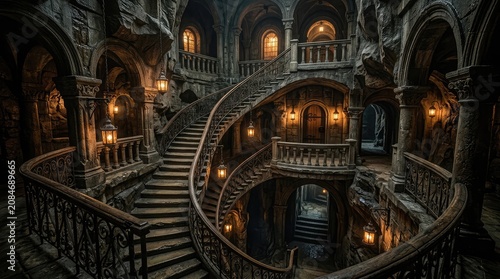 Intricate stone staircase in medieval castle interior with arches and lanterns