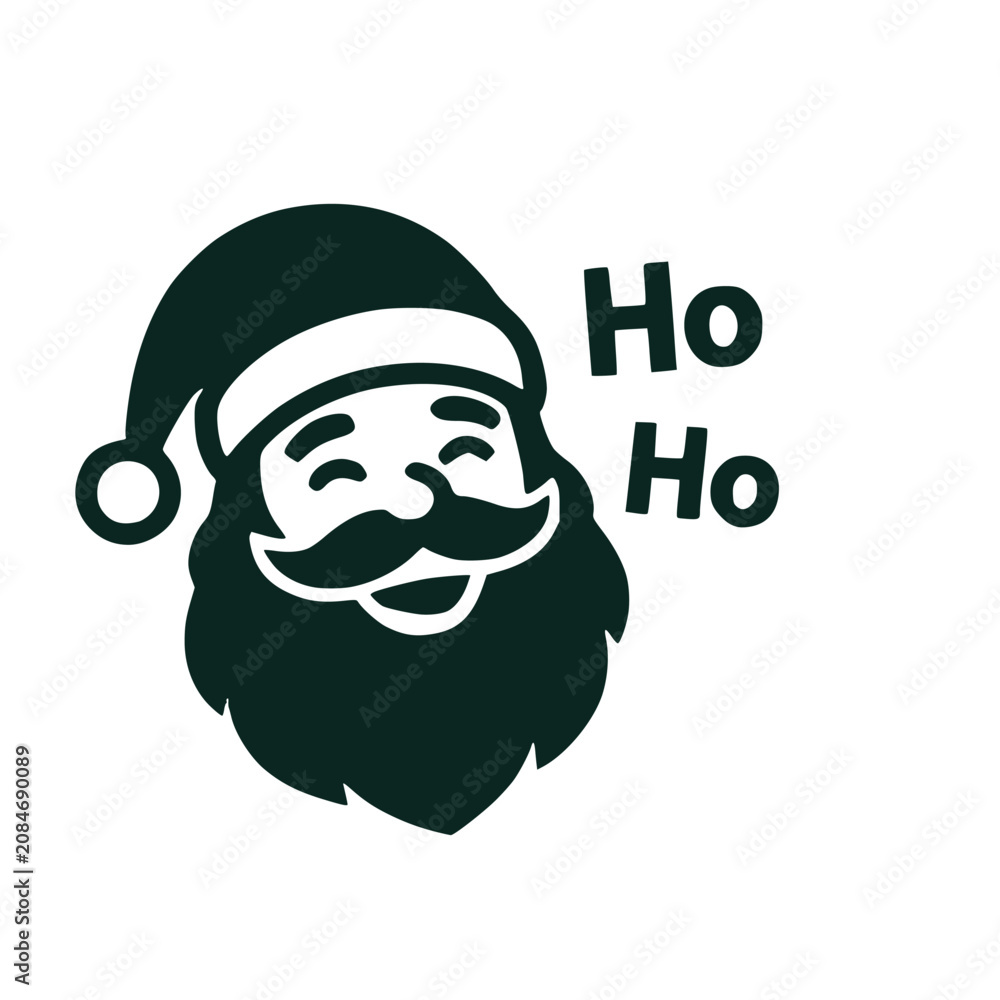 Fototapeta premium Cheerful traditional Santa Claus character face portrait smiling and laughing with Ho Ho typography dark solid silhouette vector graphic holiday icon for festive designs