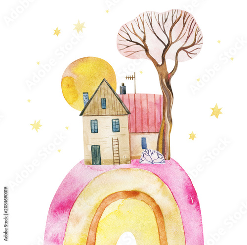 Cute watercolor house on a pink rainbow with big full moon and gold stars night landscape clipart for newborn baby shower birthday greetings nursery wallart poster