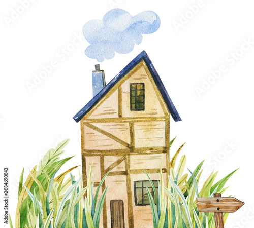 Cozy watercolor timbered house in green tall grass with wooden signpost summer landscape clipart for Earth Day hiking adventures rustic country cottage invitations
