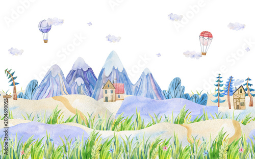 Watercolor Whimsical Winter Village Landscape with House, Colorful Christmas Trees and Birds. Hand-drawn illustration for Holiday Cards, Christmas, New Year, Nursery Art
