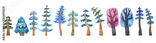 Watercolor winter forest trees set with blue firs and pink snowy pines winter landscape elements for Christmas New Year holidays greeting cards design