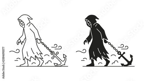 Fotografie Grim Reaper with Anchor: A stylized depiction of the Grim Reaper, also known as Death, dragging a heavy anchor symbolizing a burden or inescapable fate