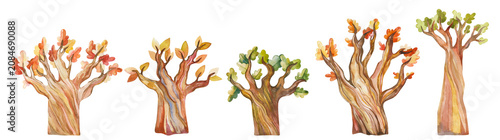 Watercolor autumn oak trees collection with colorful orange and green leaves fall season landscape elements for Thanksgiving Day school projects harvest invitations