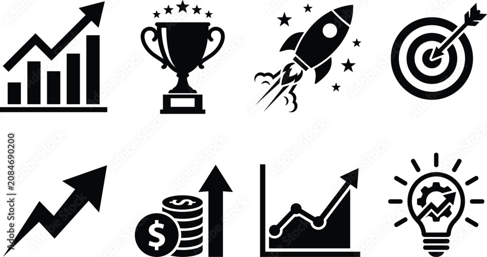 Fototapeta premium Business growth and financial success icon set featuring development charts trophy rocket target and innovative ideas