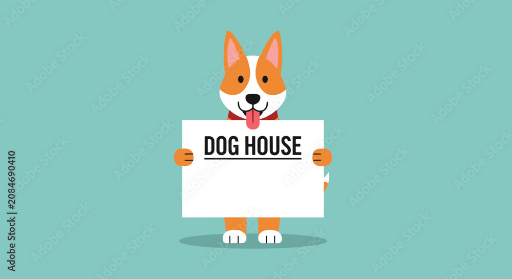 Obraz premium Cute corgi dog holding a blank sign with dog house text against a solid teal background with empty copy space.