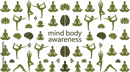 Yoga and meditation vector icons set with mind body awareness text lotus flowers brains and people in poses.