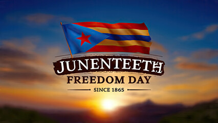 Juneteenth Freedom Day celebration banner with the official flag against a beautiful sunset sky background.