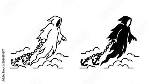Εκτύπωση καμβά Spooky Specter Dragging Anchor: Two stylized figures, one in white outline and the other in black silhouette, depict a ghost or specter with flowing robes, tethered by a heavy chain to an anchor