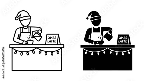 Fotografie Christmas Barista Making Xmas Latte: A festive barista wearing a Santa hat and apron prepares a special holiday drink at a decorated counter, featuring a sign that reads Xmas Latte