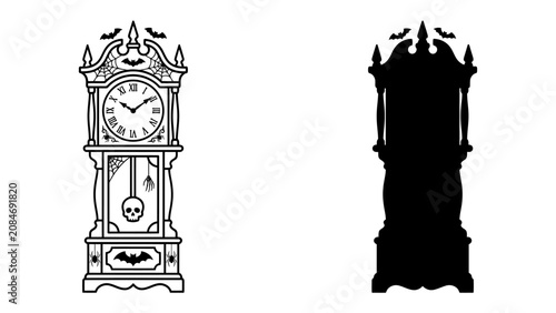 Tableau sur toile Spooky Grandfather Clock Duo: A vintage grandfather clock adorned with Halloween motifs like bats and a skull, presented alongside its solid black silhouette