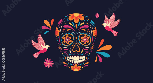 Dia de los Muertos celebration background with an ornate colorful sugar skull flanked by two flying pink birds.