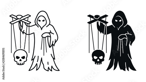 Foto Grim Reaper Puppet Master: A skeletal figure in a hooded robe controls a puppet in the form of a skull, symbolizing fate, mortality, and the unseen forces that guide our lives
