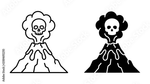 Bild auf Leinwand Volcanic Eruption Warning Icon: A stylized illustration depicting a volcano erupting with lava flowing down its sides and a skull symbol emerging from the smoke plume
