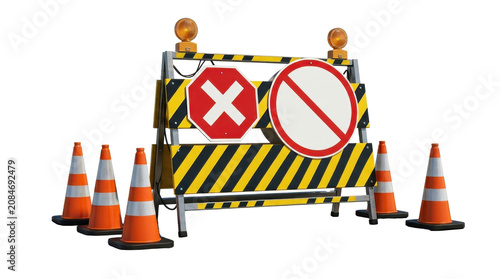 Road closure sign with traffic cones on a white background
