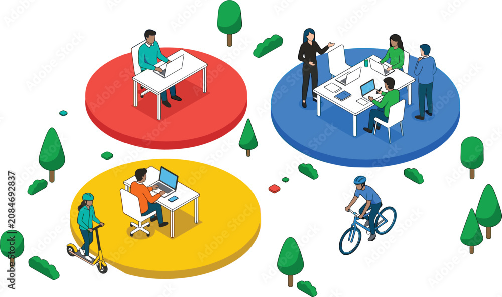 Fototapeta premium Isometric modern office coworker spaces vector concept illustration showing freelance remote work and green urban mobility