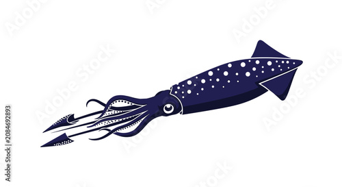 Bild auf Leinwand Dark blue squid with white spots and long tentacles swimming through the deep water in a detailed marine life illustration