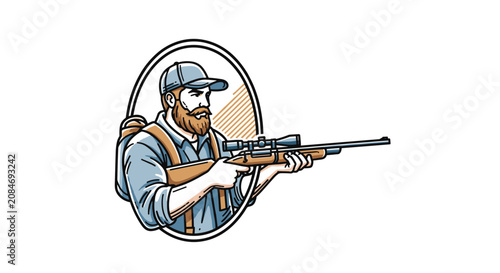 Принти на полотні Detailed illustration of a bearded hunter in a blue shirt and cap aiming a scoped rifle inside a circular frame badge