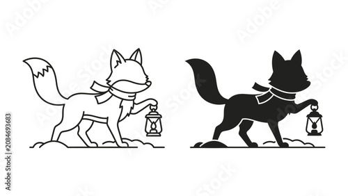 Foto Fox with Lantern: A charming fox, depicted in both outline and silhouette, holds a vintage lantern, evoking a sense of wonder and adventure in a whimsical setting