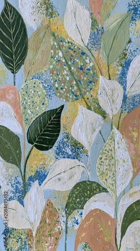 Modern botanical painting featuring leaves in pale mint and ivory highlights