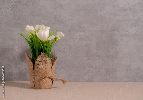 White Tulip Flowers Wrapped in Burlap  with Copy Space