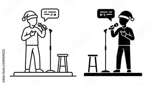 Fotografia Comedy Night in Santa Hat: Two cartoon characters, one in outline and one in silhouette, wearing Santa hats and holding microphones, stand on a stage with a stool, performing a comedy routine