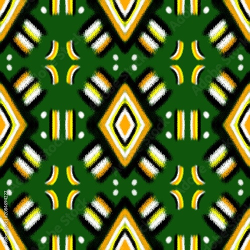Seamless Ikat Geometric Pattern in Green Gold and White Ethnic Textile Design