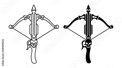 Obraz na płótnie Two styles of crossbow weapon, one outlined and one silhouetted, both featuring a skull motif on the handle