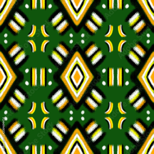 Seamless Ikat Geometric Pattern in Green Gold and White Ethnic Textile Design