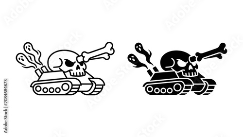 Tableau sur toile Warfare Symbolism: A stylized depiction of a tank transformed into a skull, complete with crossed bones and emitting smoke, representing the destructive nature of war