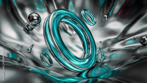 Abstract Digital Art Image of Turquoise Metallic Ring and Spheres Moving Through Fluid