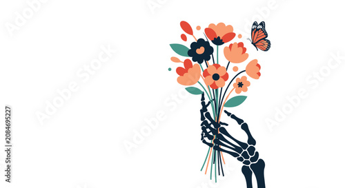 Skeleton hand holds a beautiful colorful flower bouquet with a flying monarch butterfly in elegant boho illustration style.