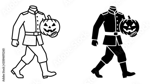 Photos Headless Horseman Halloween Icon: A stylized illustration of a headless horseman character carrying a carved pumpkin with a jack-o'-lantern face, presented in both outline and solid silhouette forms