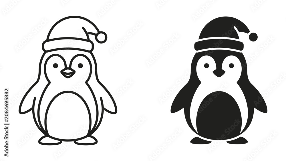 Obraz premium Festive Penguin Duo: A delightful pair of cartoon penguins, one in outline and the other in silhouette, both adorned with Santa hats, embodying the spirit of the holiday season.