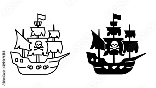Photos Pirate Ship Icon: Two distinct pirate ship illustrations, one in black outline and the other a solid black silhouette, both featuring a skull and crossbones flag, ready for maritime adventure