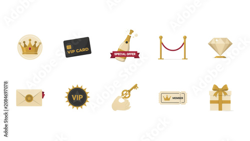 Set of flat design award and celebration icons including trophy, crown, medal, gift box, and ribbon Vector