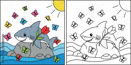 Foto Cute Cartoon Shark on a Rock with a Tulip and Butterflies - Whimsical Ocean Scen