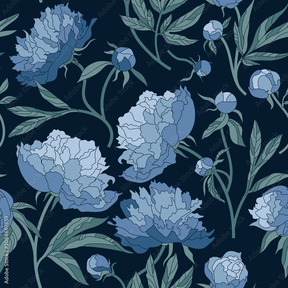 Fototapeta premium Peony Seamless Pattern with Blooming Flowers on Dark Background.