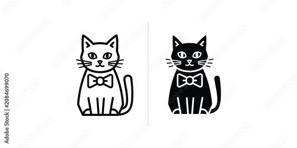 Fototapeta premium Minimalist Cat Icons with Bow Ties in Black and White Vector Style