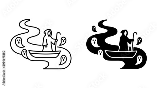 Принти на полотні Grim Reaper's River Crossing: An iconic depiction of the Grim Reaper in a boat, navigating a dark river with ethereal ghosts floating alongside