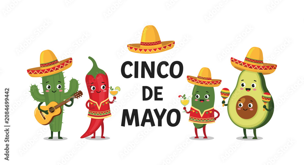 Obraz premium Cheerful Cinco de Mayo party illustration with cute cartoon cactus, chili pepper, avocado, and lime characters.