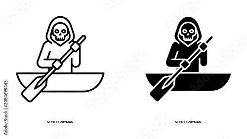 The Grim Reaper Rows to Eternity: A stark, stylized depiction of the Grim Reaper, cloaked and skeletal, navigates a small boat with an oar, symbolizing the final journey and the inevitability of fate.