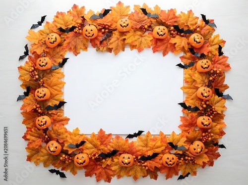 Halloween themed square frame with pumpkins and leaves decoration