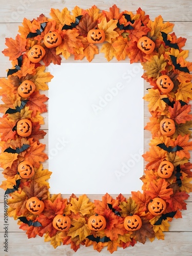 Halloween wreath with orange leaves and pumpkins border
