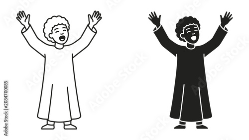 Foto Joyful Expression: A person with arms raised in a celebratory or devotional pose, depicted in both line art and silhouette